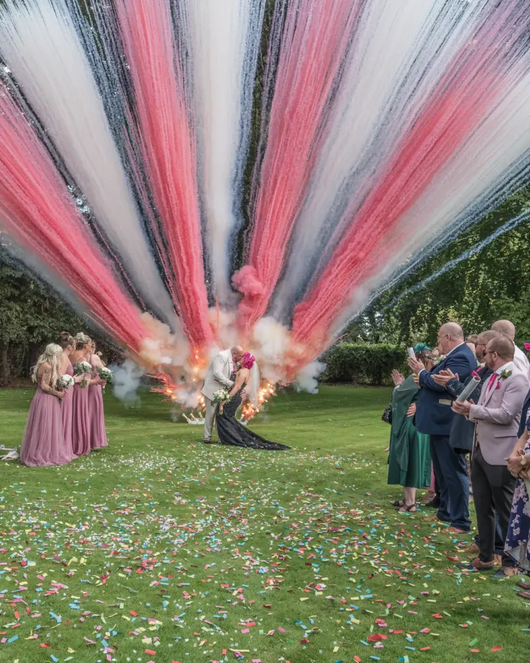 Pink, white and blue streamers burst over the bride and groom as guests line the lawn