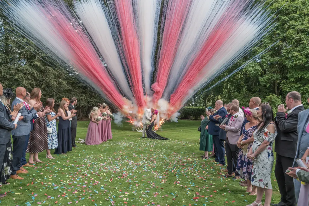 Pink, white and blue streamers burst over the bride and groom as guests line the lawn